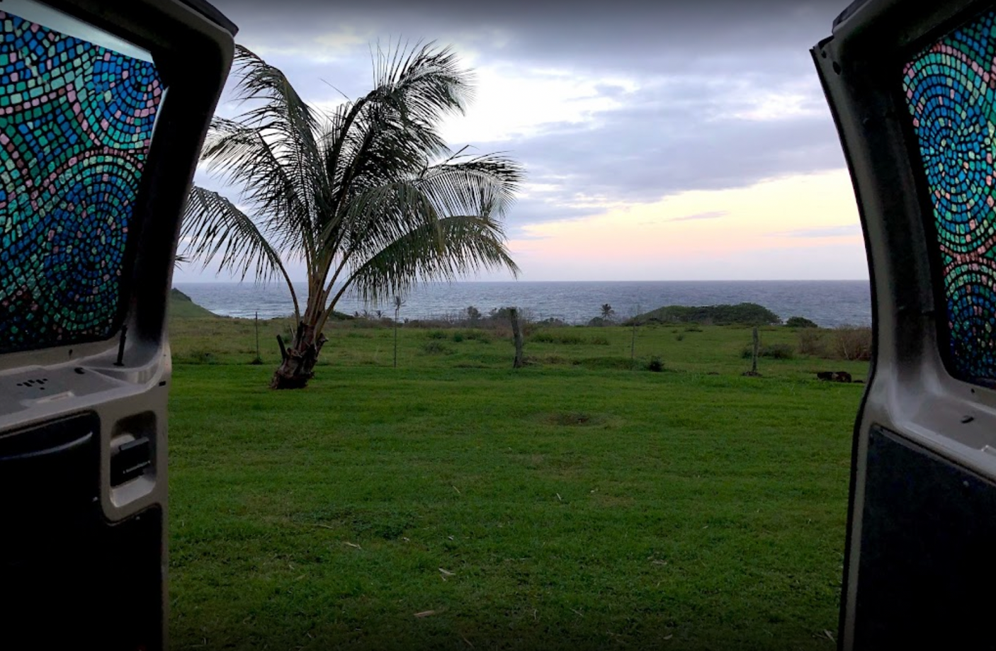 Coastal view from an **rv rental**'s open doors, framing a palm tree, green field, and ocean under a cloudy sky. Mosaic window patterns visible.