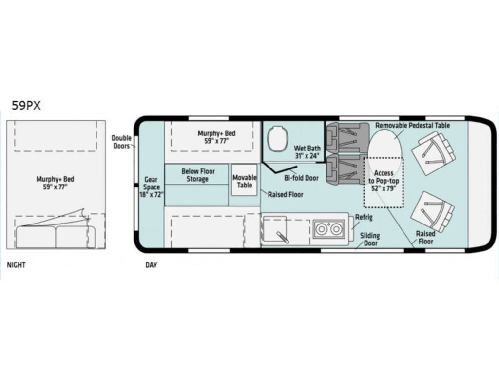 ready for adventure.|RV rental floor plan (59PX) showing day/night layouts with convertible Murphy bed