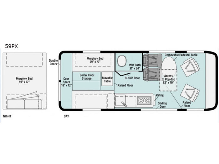 ready for adventure.|RV rental floor plan (59PX) showing day/night layouts with convertible Murphy bed