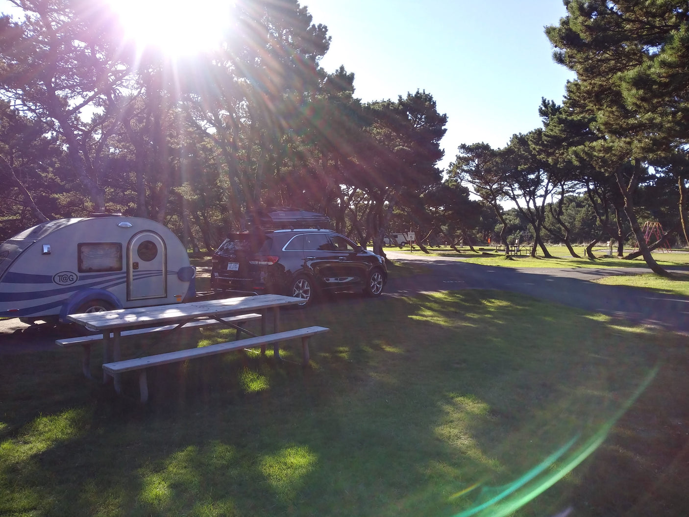This sunny campground features a teardrop rv rental with an SUV, a wooden picnic table, and tall trees, perfect for camping.