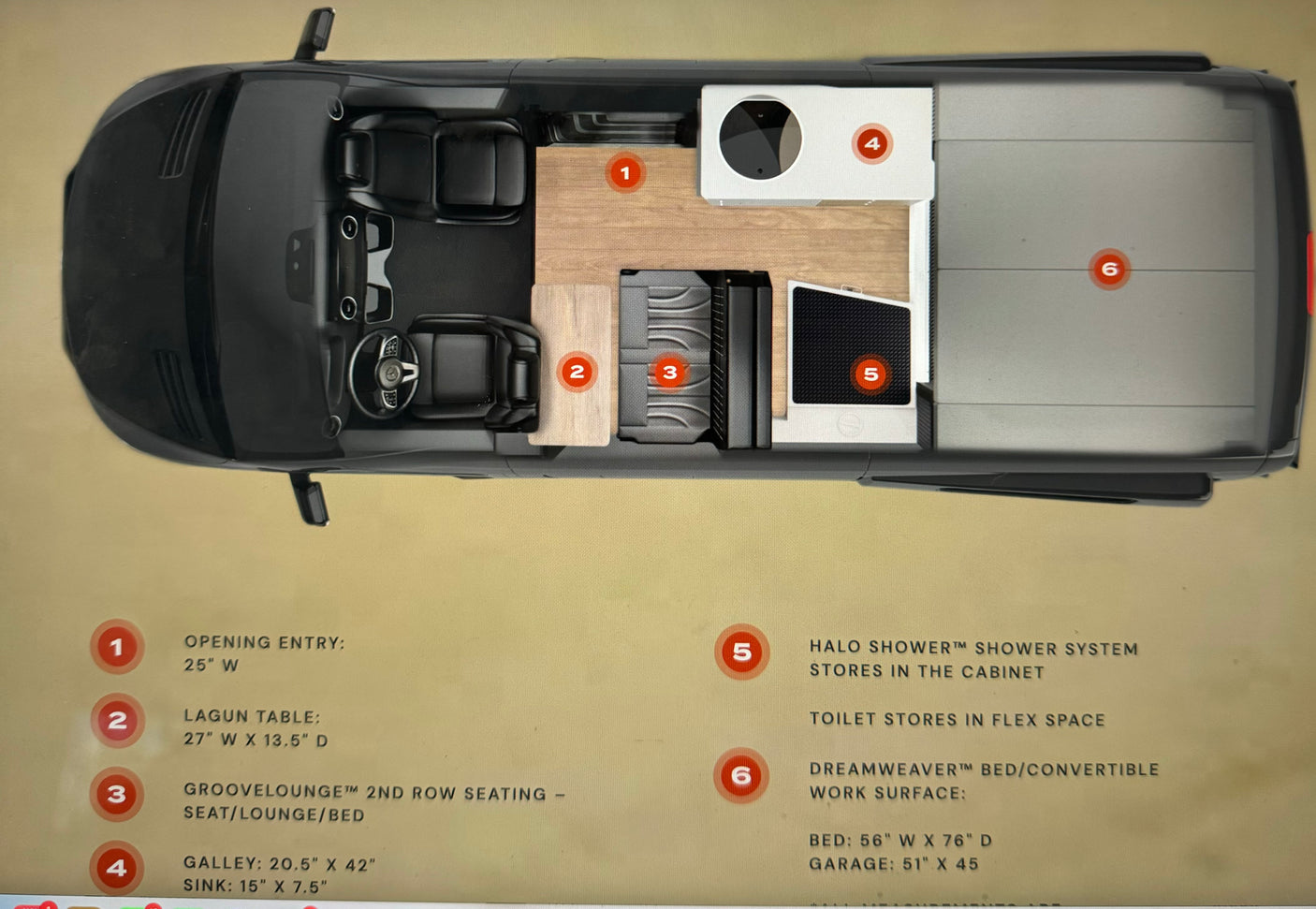 An RV rental camper van interior layout with labeled areas like the bed, galley, and seating, complete with dimensions.