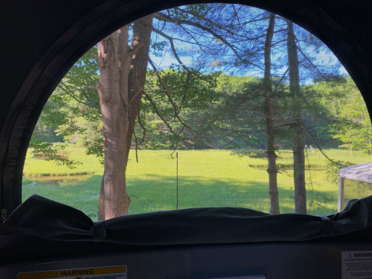 Looking out an RV rental's arched screened window reveals a vibrant green field, trees, and a clear blue sky.