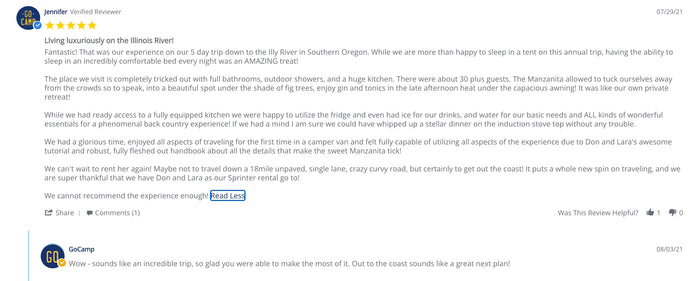 Jennifer's 5-star review of her GoCamp RV rental trip to Oregon, highlighting the comfort & amenities of her camper van.