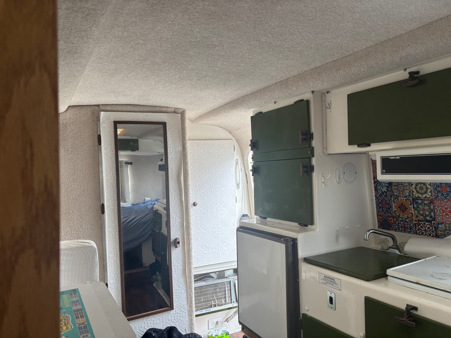 RV rental interior: a compact kitchenette with green cabinets, sink, fridge, and a mirrored door reflecting the sleeping area.