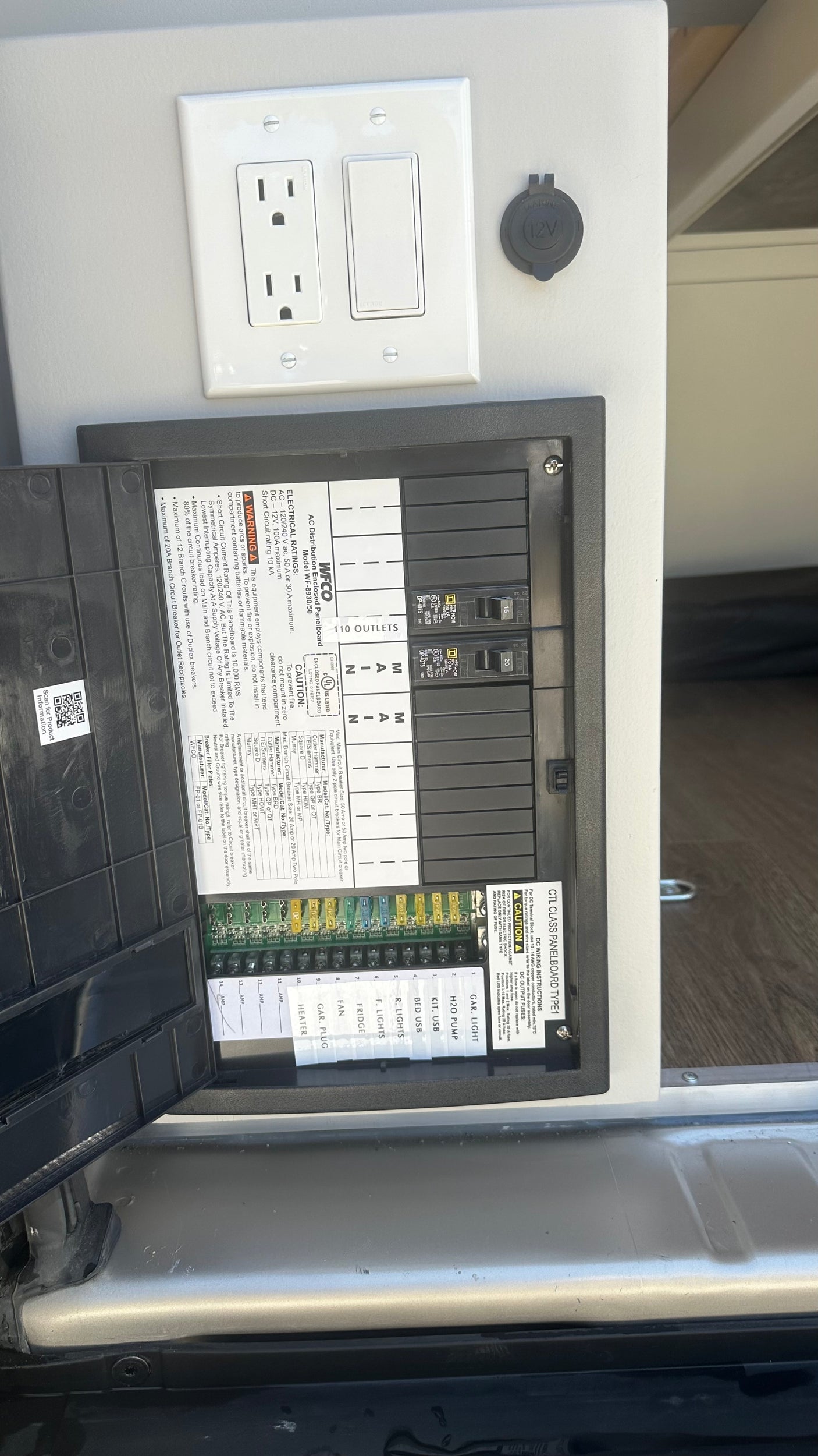 **RV rental** electrical panel showing AC outlets, light switch, 12V port, circuit breakers, and DC fuses for various systems.