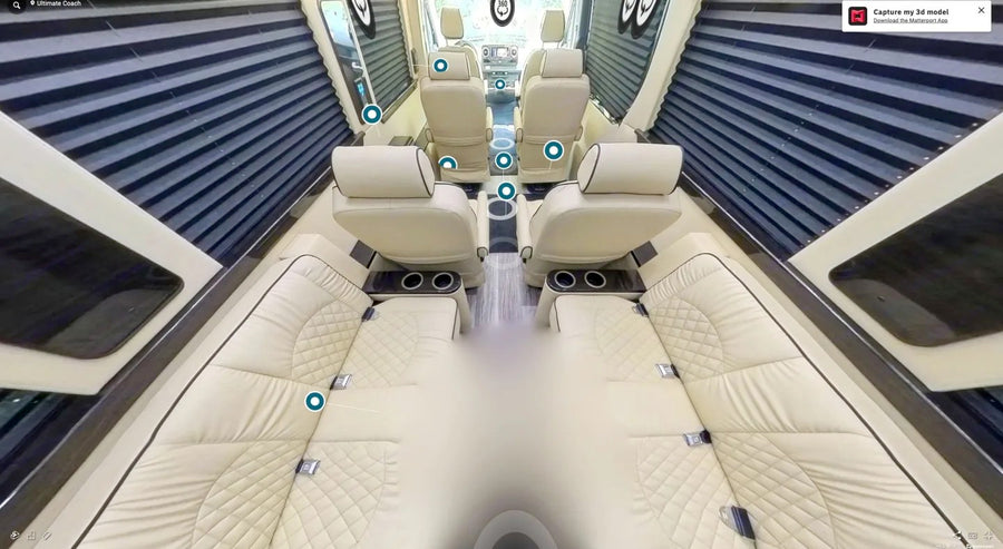and modern wood flooring.|Step into this custom rv rental: a compact interior featuring a toilet
