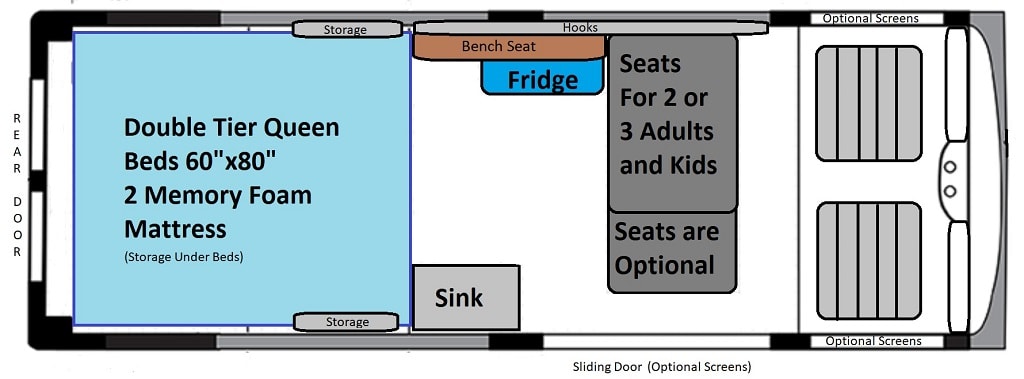 RV rental camper van floor plan: double-tier queen beds, sink, fridge, bench, and optional seating areas.
