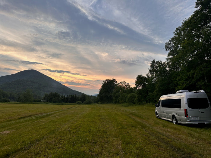 and bright blue sky.|Overhead view of 2021 Interstate 24GT RV rental floor plans