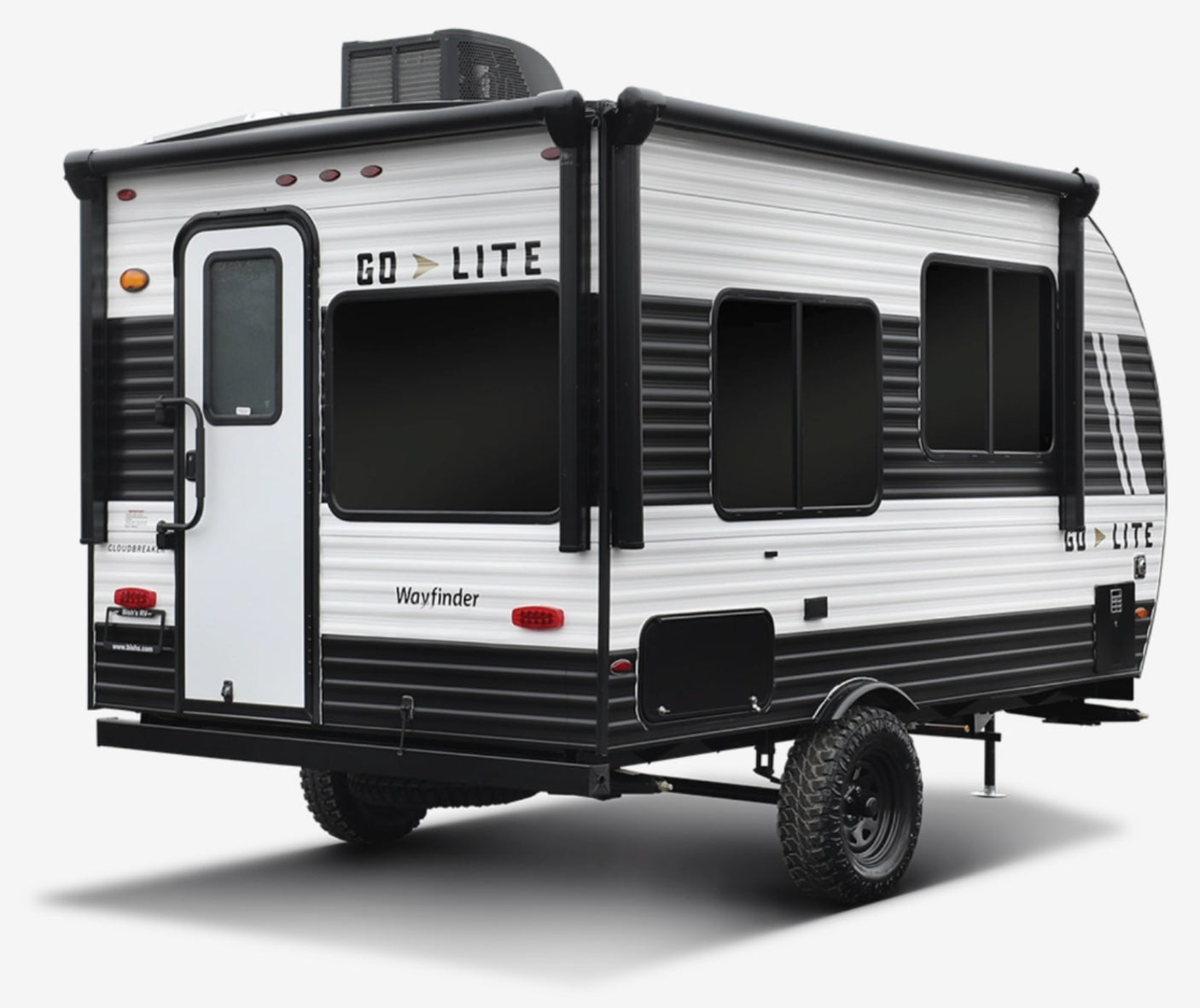 featuring off-road tires and a propane tank. Great for an rv rental trip.|This white and black Go Lite Wayfinder travel trailer is an excellent option for your next rv rental adventure.|This RV rental floor plan displays a compact travel trailer with a bed