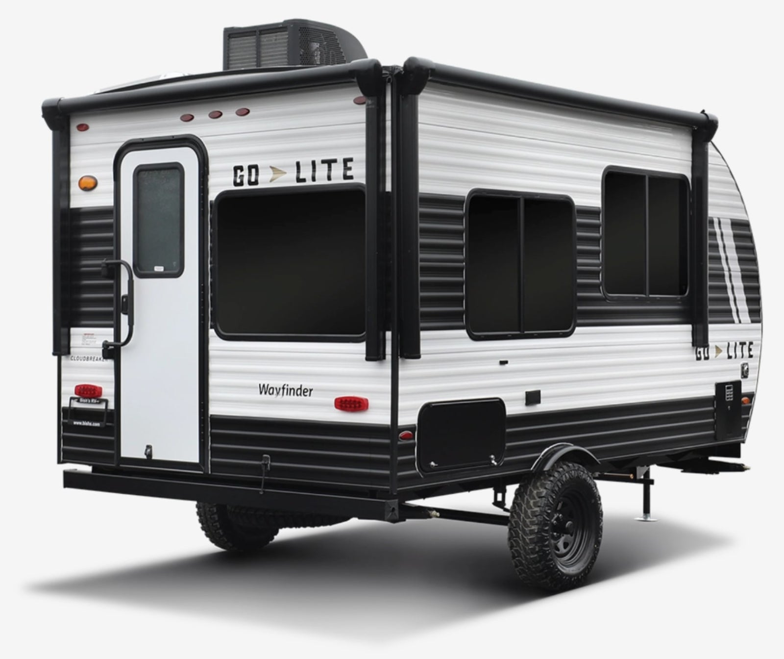 featuring off-road tires and a propane tank. Great for an rv rental trip.|This white and black Go Lite Wayfinder travel trailer is an excellent option for your next rv rental adventure.|This RV rental floor plan displays a compact travel trailer with a bed