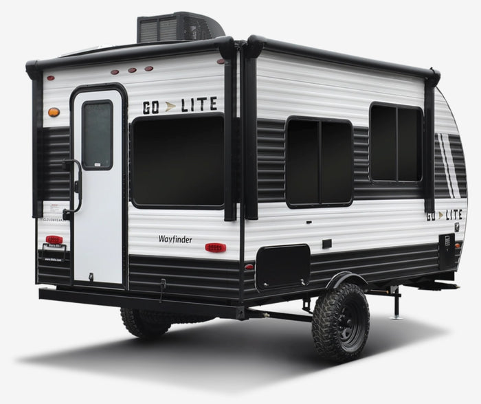featuring off-road tires and a propane tank. Great for an rv rental trip.|This white and black Go Lite Wayfinder travel trailer is an excellent option for your next rv rental adventure.|This RV rental floor plan displays a compact travel trailer with a bed