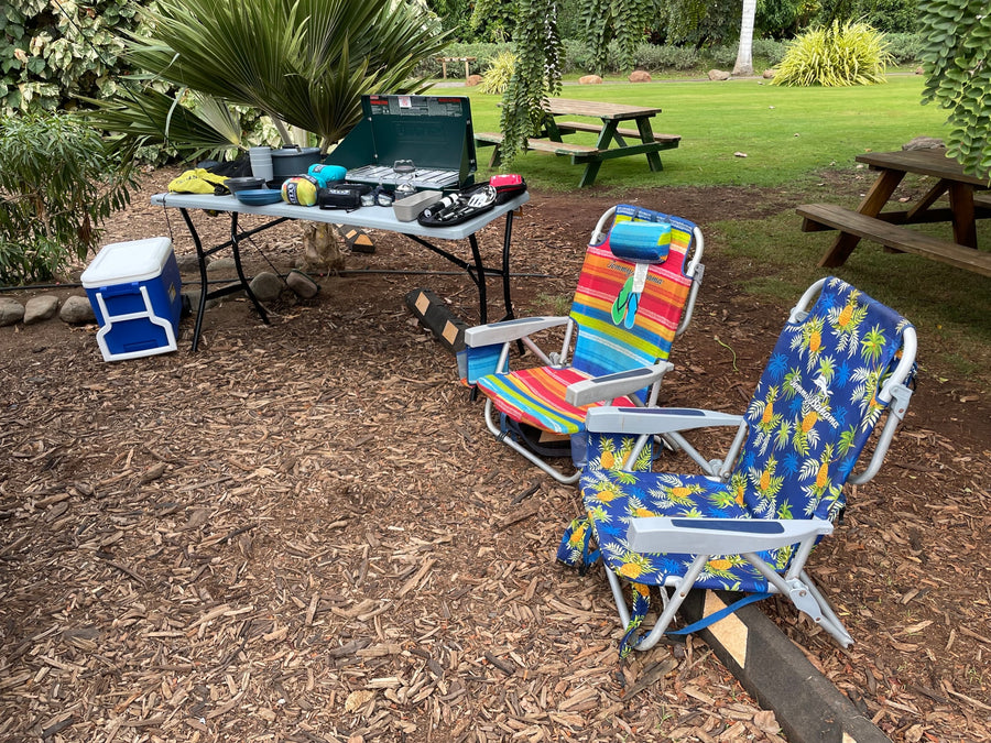 RV rental camping setup: portable stove, cooler, and chairs on wood chips with green grass beyond.