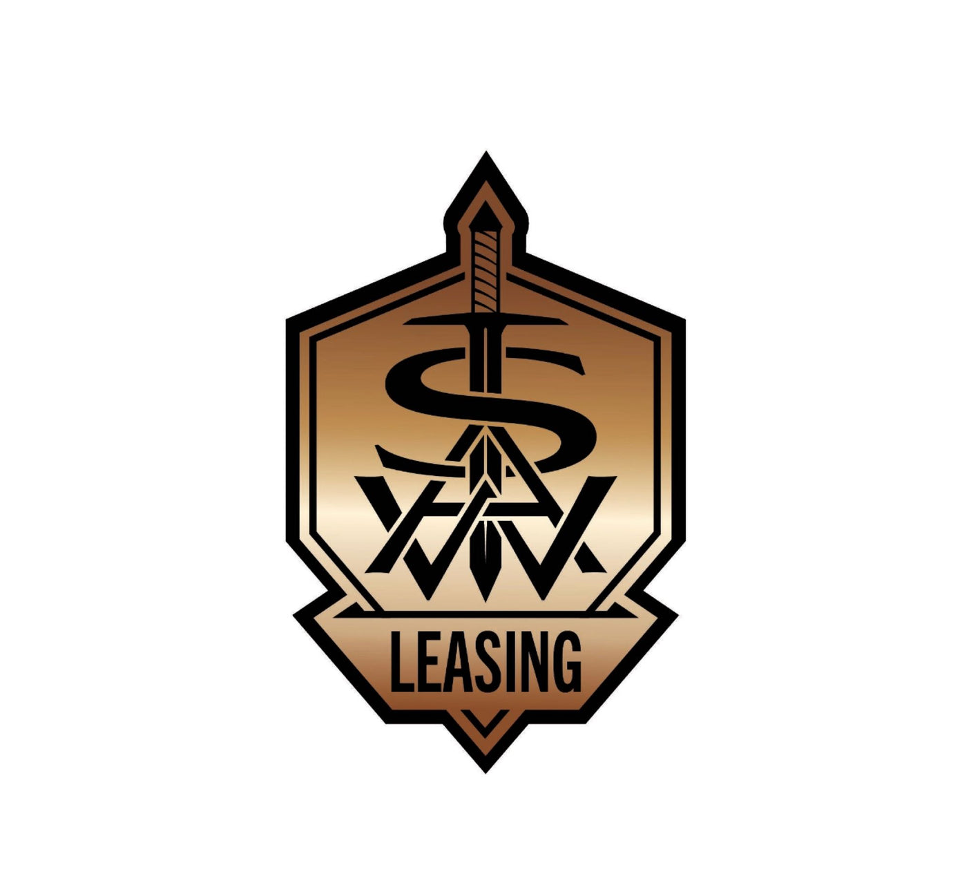 Gold and black emblem for RV rental, featuring a prominent sword, stylized letters, and "LEASING" text.