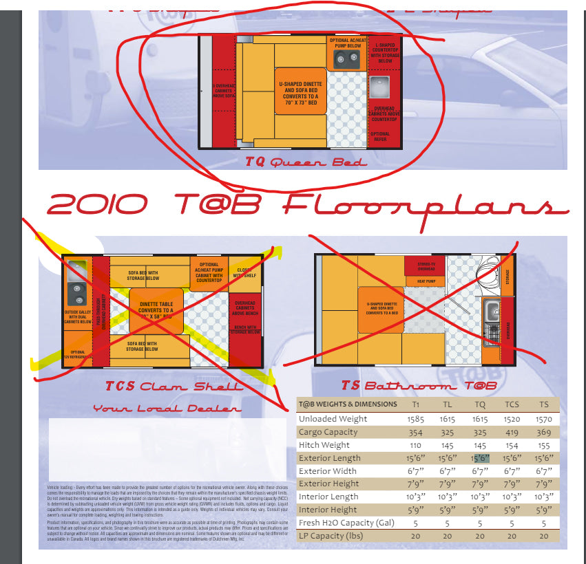 2010 T@B travel trailer floorplans and specifications, essential for rv rental planning, showing various models.