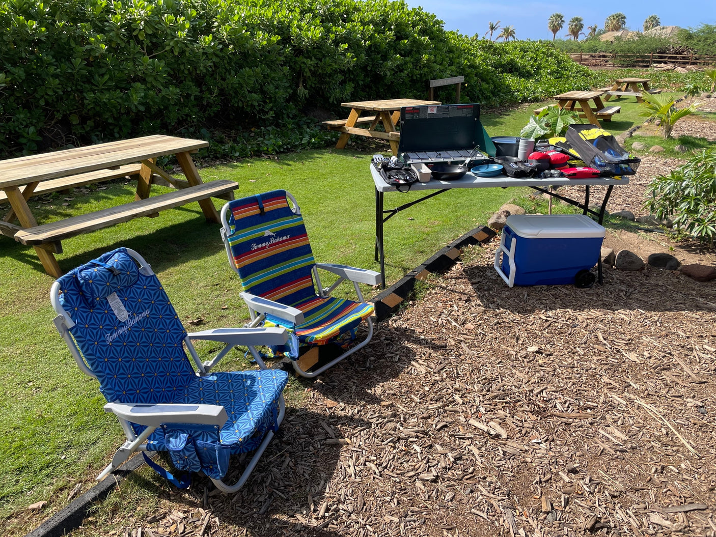 RV rental ready: Outdoor setup with two chairs, portable stove, and cooler in a grassy picnic area.