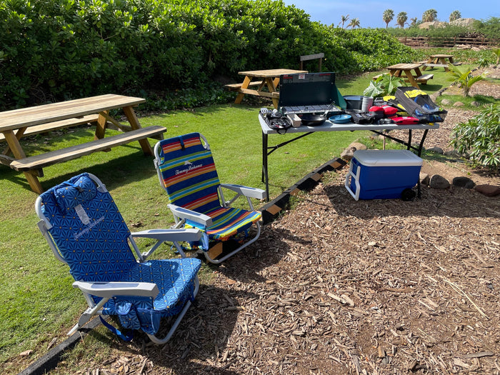 RV rental ready: Outdoor setup with two chairs, portable stove, and cooler in a grassy picnic area.