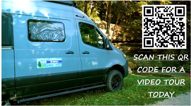 Light blue RV rental camper van parked on grass. Scan QR code for a video tour of this recreational vehicle.|Gray Winnebago Revel 4x4 RV rental van on a road. Ready for smart adventures amidst green hills.|RV rental floor plan layout: compact camper van featuring convertible bed
