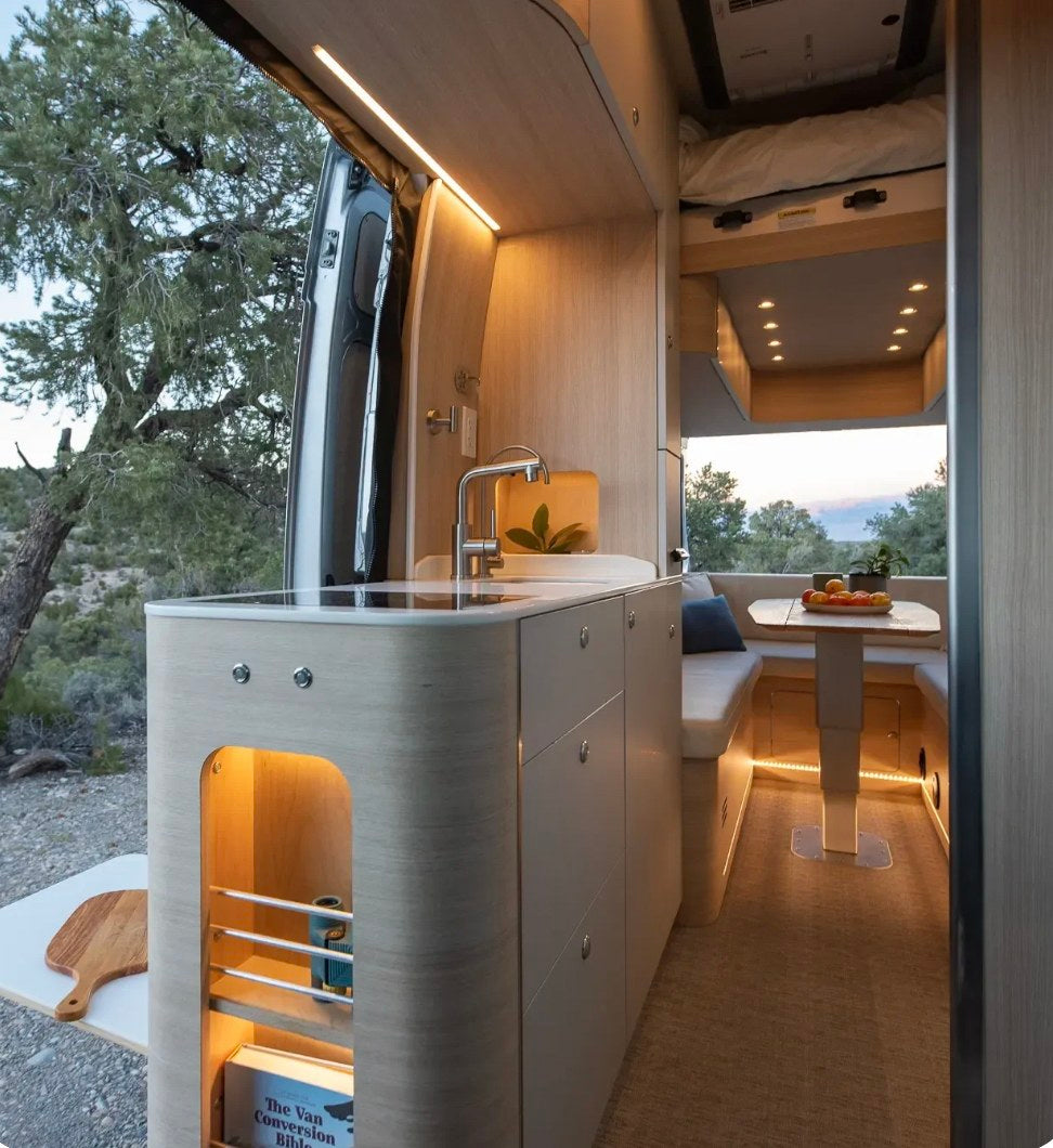 Modern RV rental interior: sleek kitchen