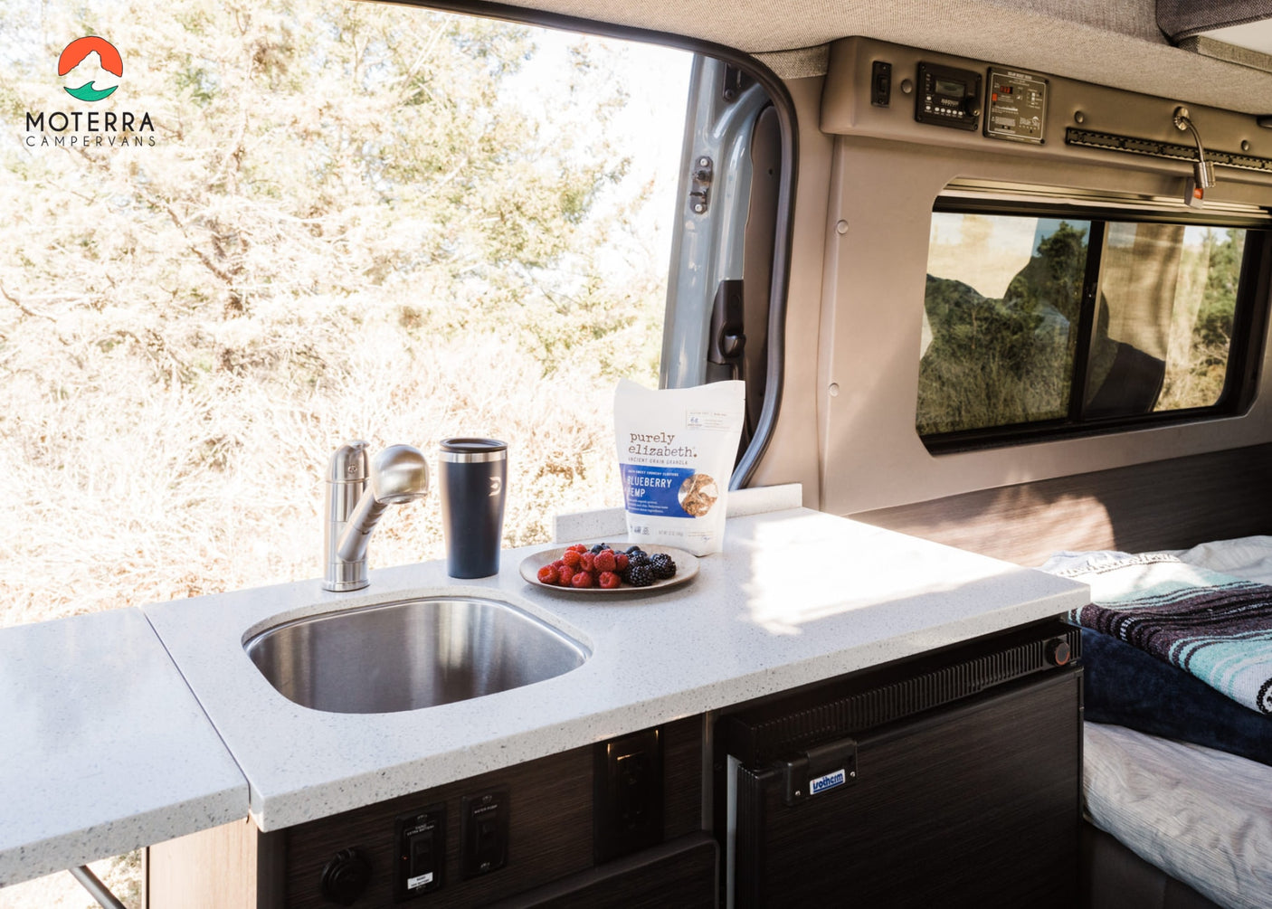 Enjoy fresh berries in your rv rental! This camper van boasts a compact kitchen with a sink, fridge, and nature views.