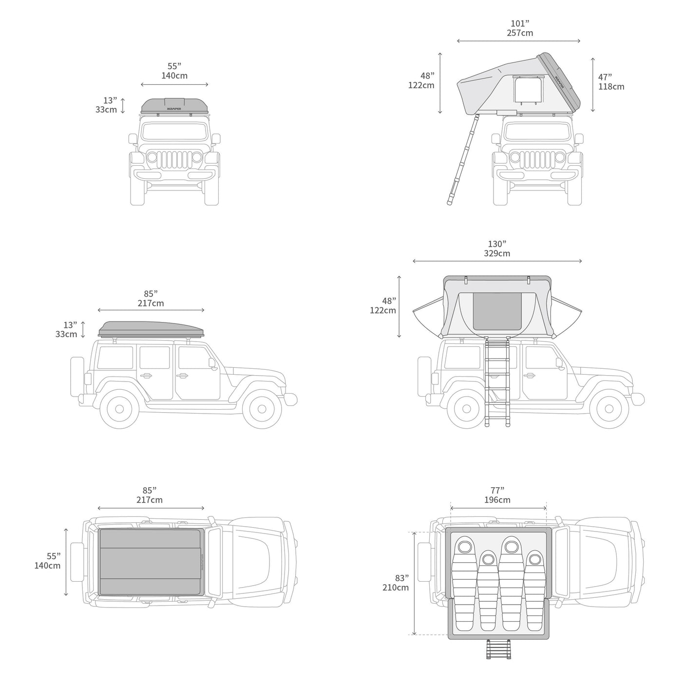 Detailed dimensions for an iKamper rooftop tent, showcasing its compact travel mode and extended living space for camping. Perfect for an rv rental.