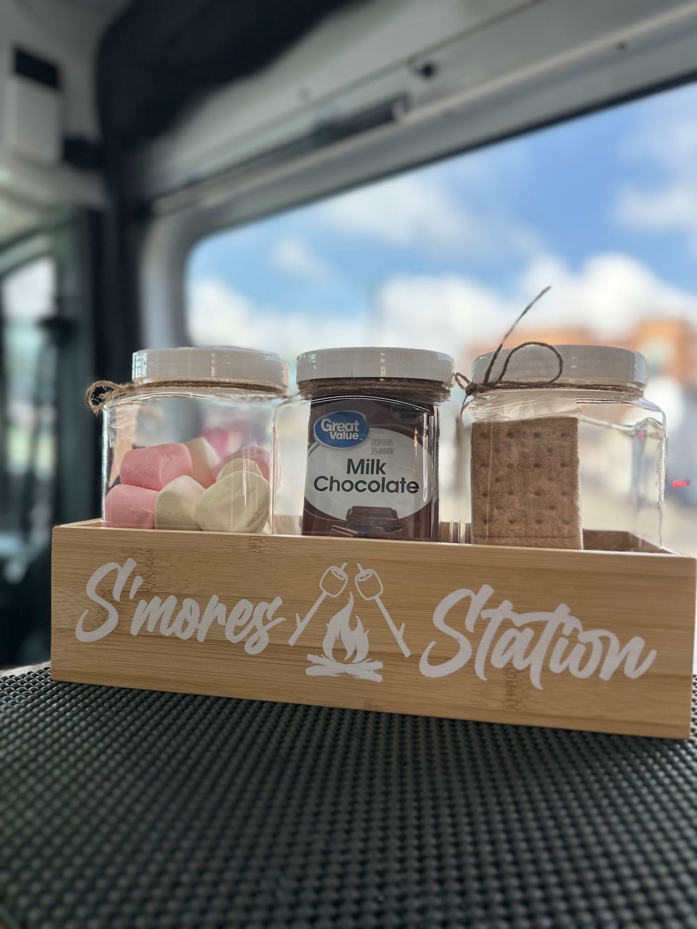 Enjoy sweet treats in your RV rental! This S'mores Station, with marshmallows, chocolate, and graham crackers, makes camping cozy.