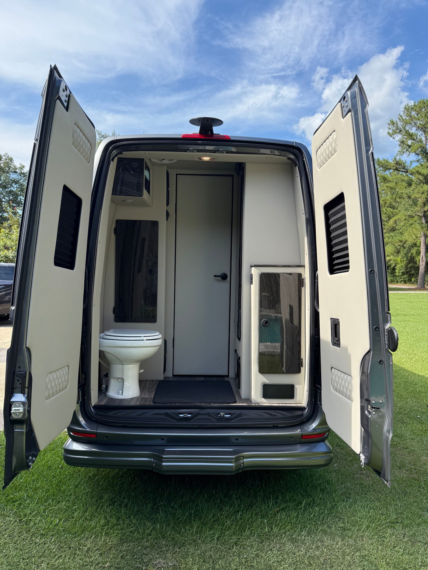 ideal for travel storage.|Rear view of a gray Mercedes-Benz Sprinter RV van. This model from RV Shop may be available for rv rental.|RV rental: Rear view of a gray van with open doors