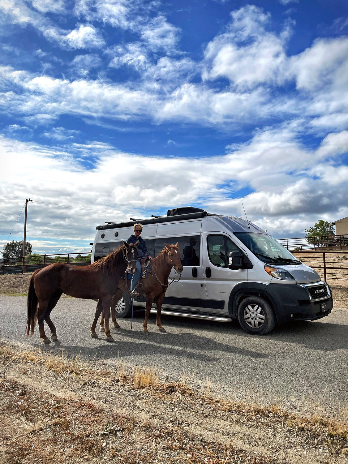 RV rental adventure: A person on horseback with a second horse pauses next to a camper van under a blue sky.