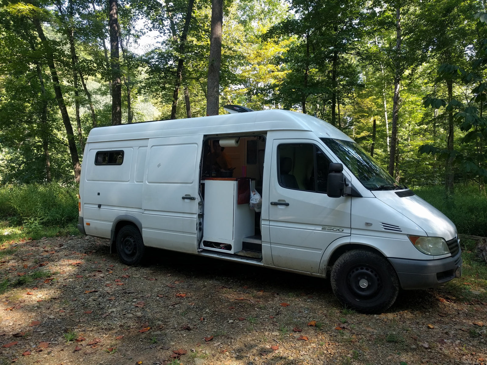 Converted white van (rv rental) in a sunny forest, side door open revealing living area.