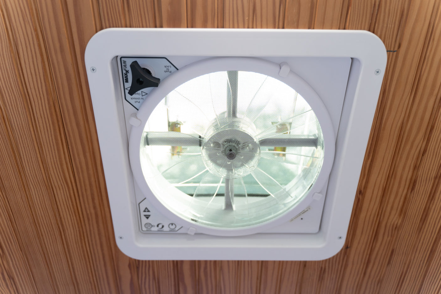 Ceiling-mounted MaxxAir fan in an rv rental, providing essential air circulation and ventilation.