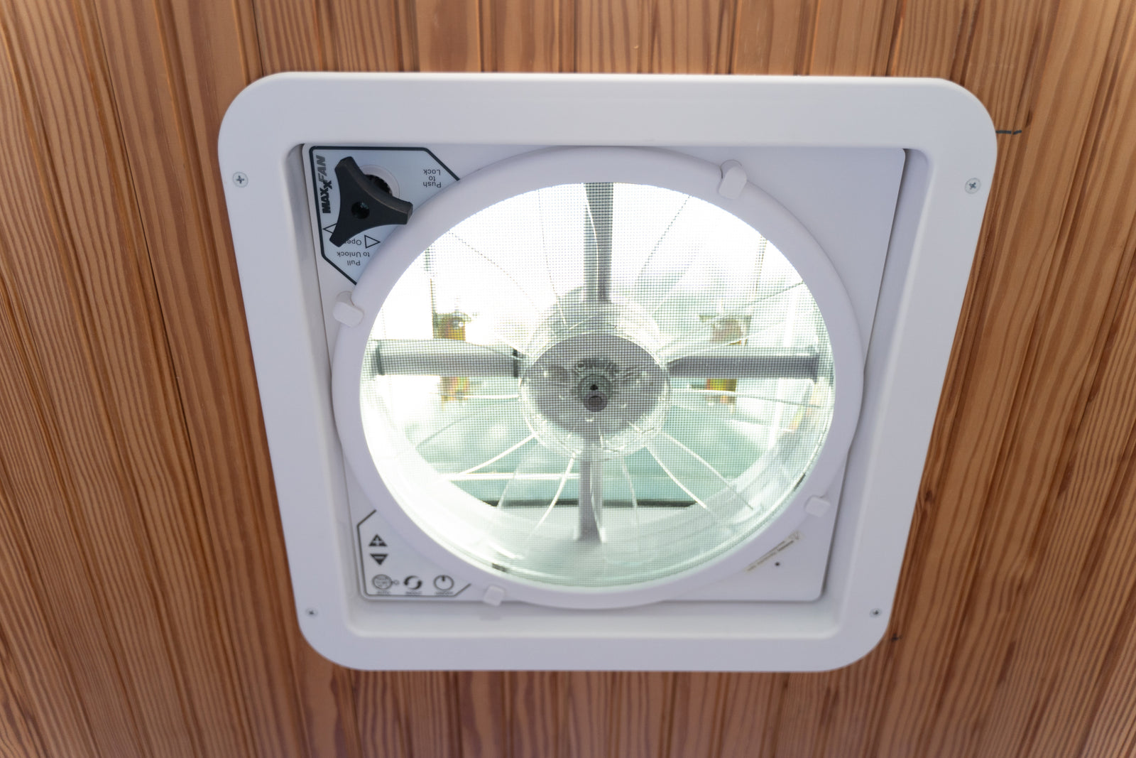 Ceiling-mounted MaxxAir fan in an rv rental, providing essential air circulation and ventilation.