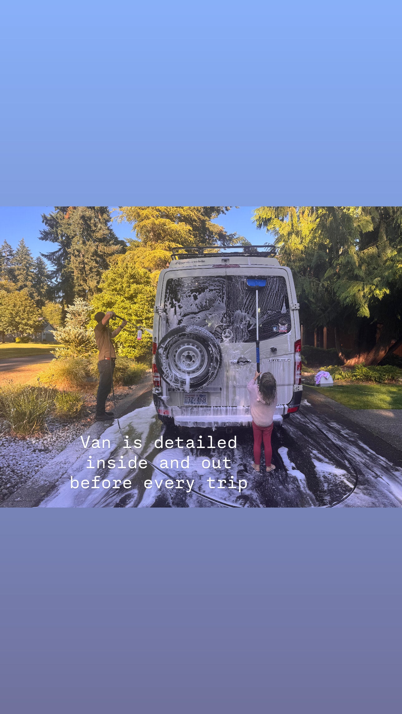 RV rental van gets a detailed wash by two people, sparkling for its next adventure trip!