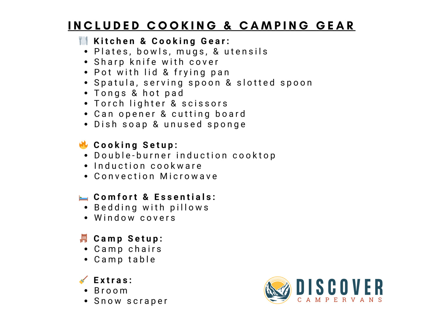 Discover Campervans RV rental: Included kitchen, cooking & camp gear amenities list.
