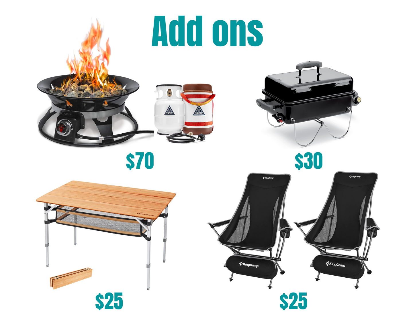 Enhance your RV rental with camping add-ons: a portable fire pit ($70), grill ($30), table ($25), & two chairs ($25).