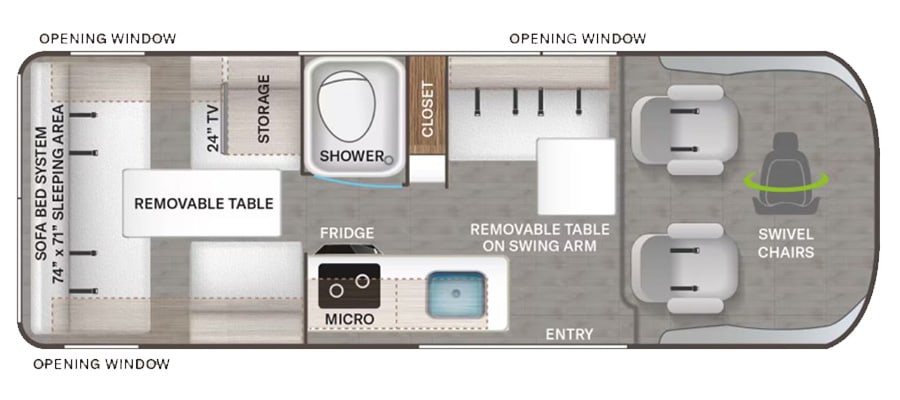 perfect for on-the-go living.|Modern rv rental interior: light-toned dinette with opposing benches