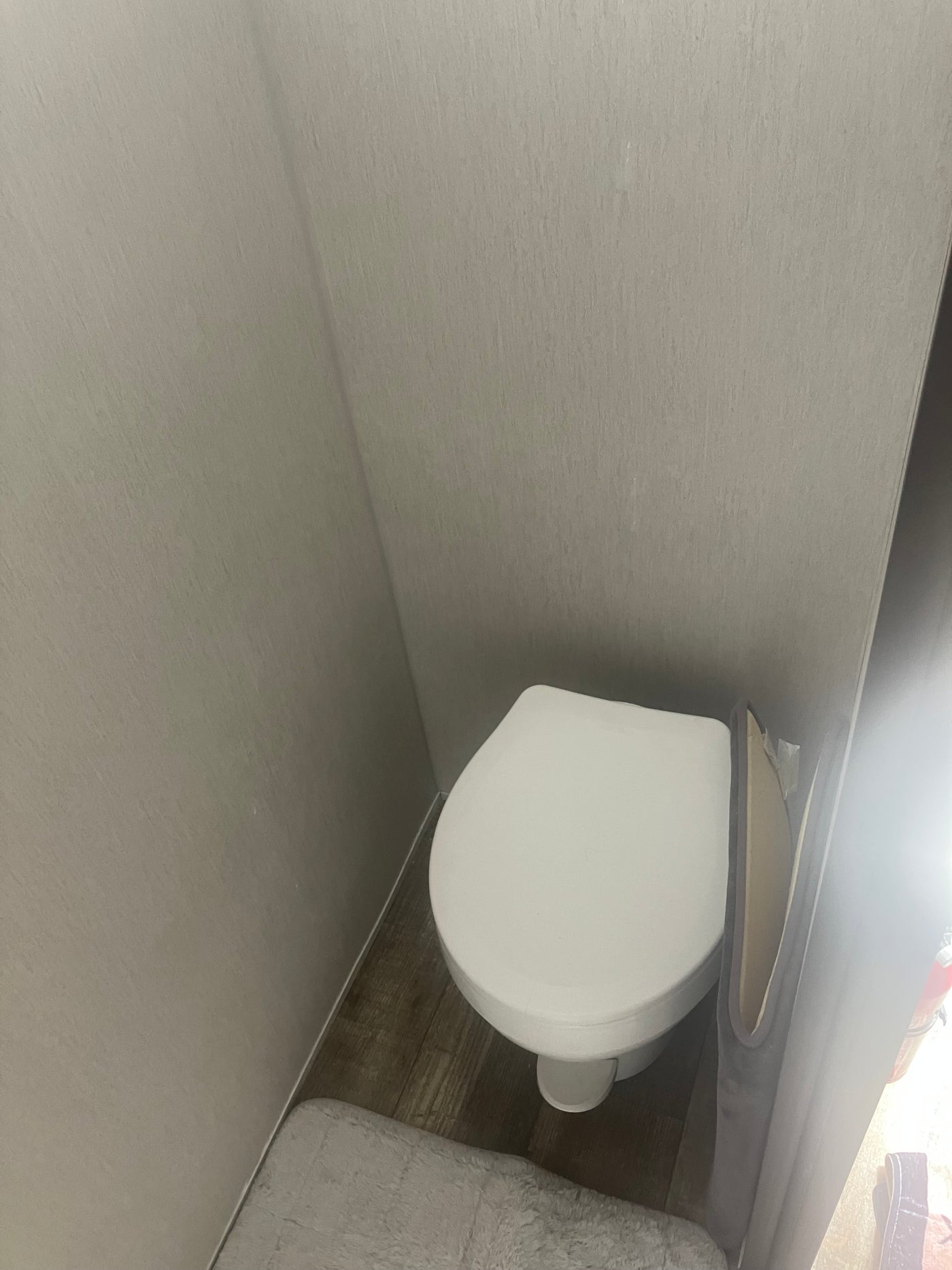 Clean toilet in a compact RV rental bathroom with wood-look flooring and light grey walls. Perfect for your road trip. — photo 9