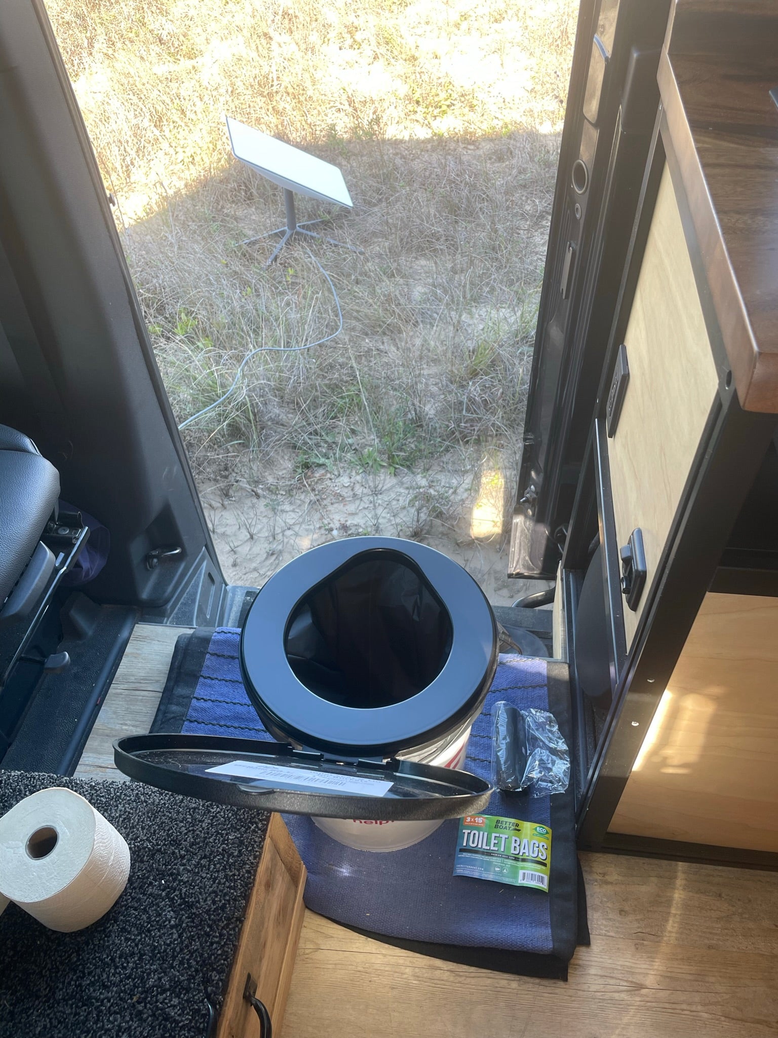 This RV rental features a convenient portable toilet inside & Starlink internet access outside for your adventures.
