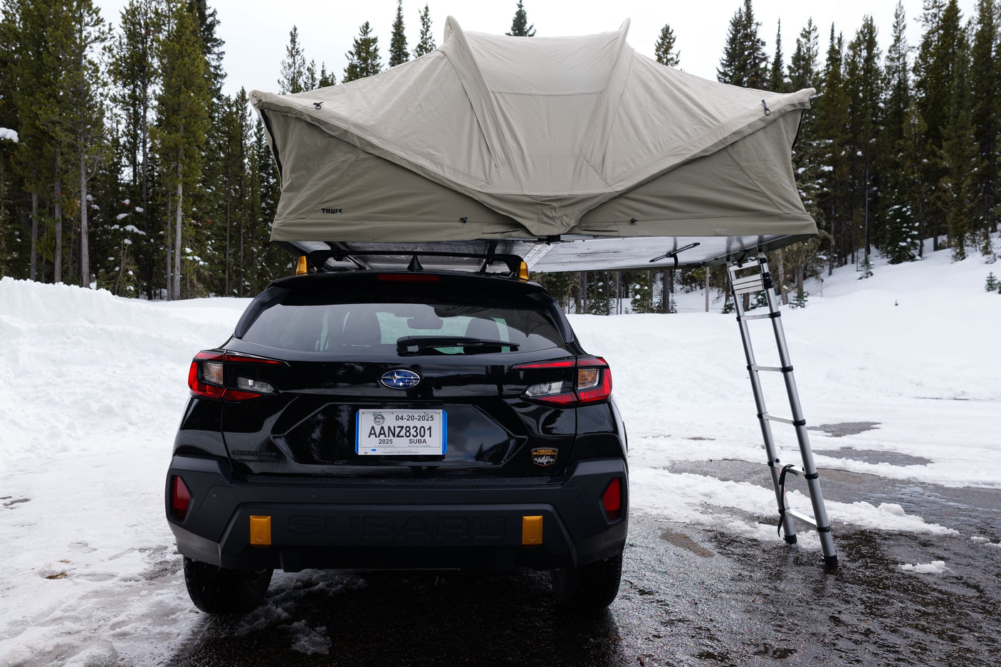 Rear view of a black Subaru with a large rooftop tent and ladder, parked in snow, resembling an RV rental for camping.