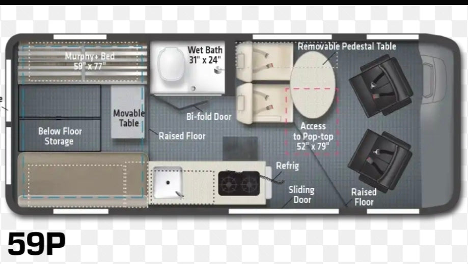 RV rental floor plan showing a Murphy bed, wet bath, kitchen, movable table, and pop-top access. Ideal for travel planning.