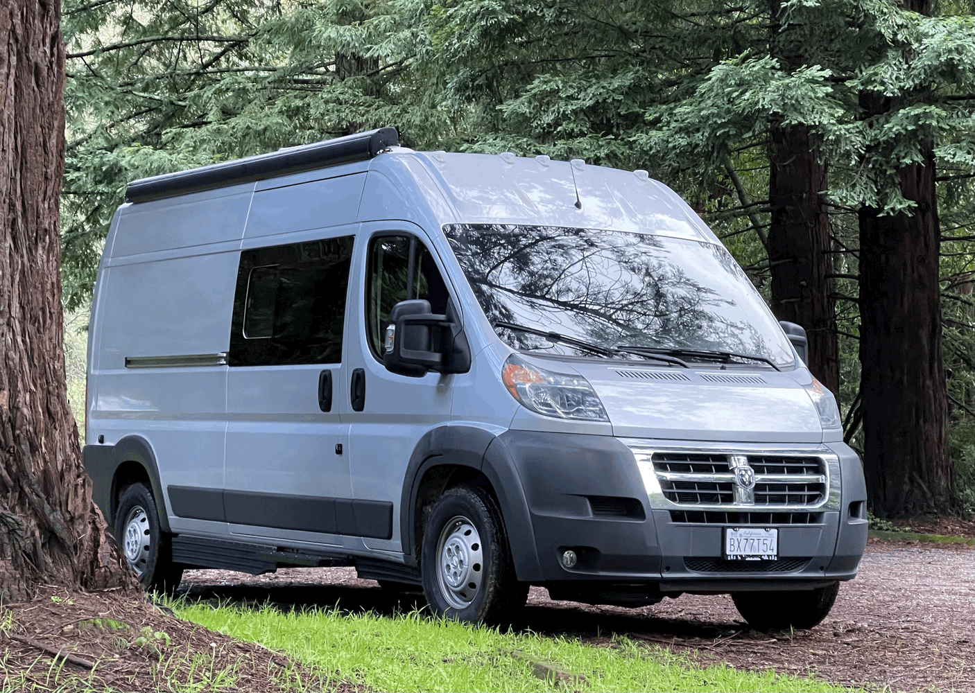 This grey Ram ProMaster rv rental camper van is perfectly parked in a towering redwood forest, ready for your outdoor adventure.