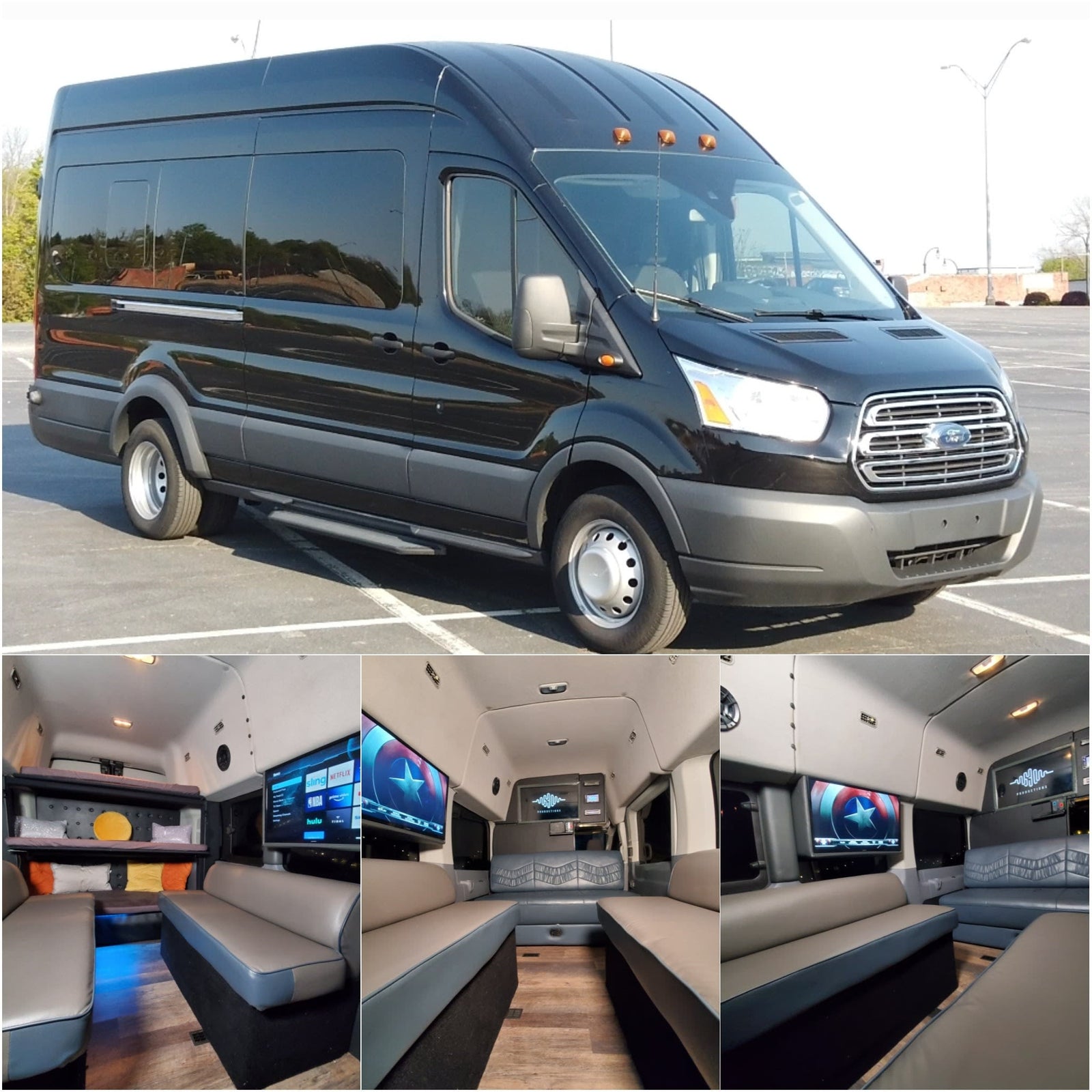 A black Ford Transit custom van shown outside & inside. Ideal for rv rental