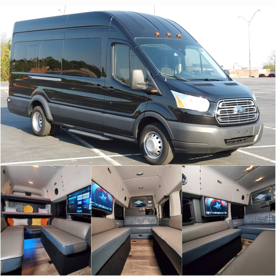 A black Ford Transit custom van shown outside & inside. Ideal for rv rental