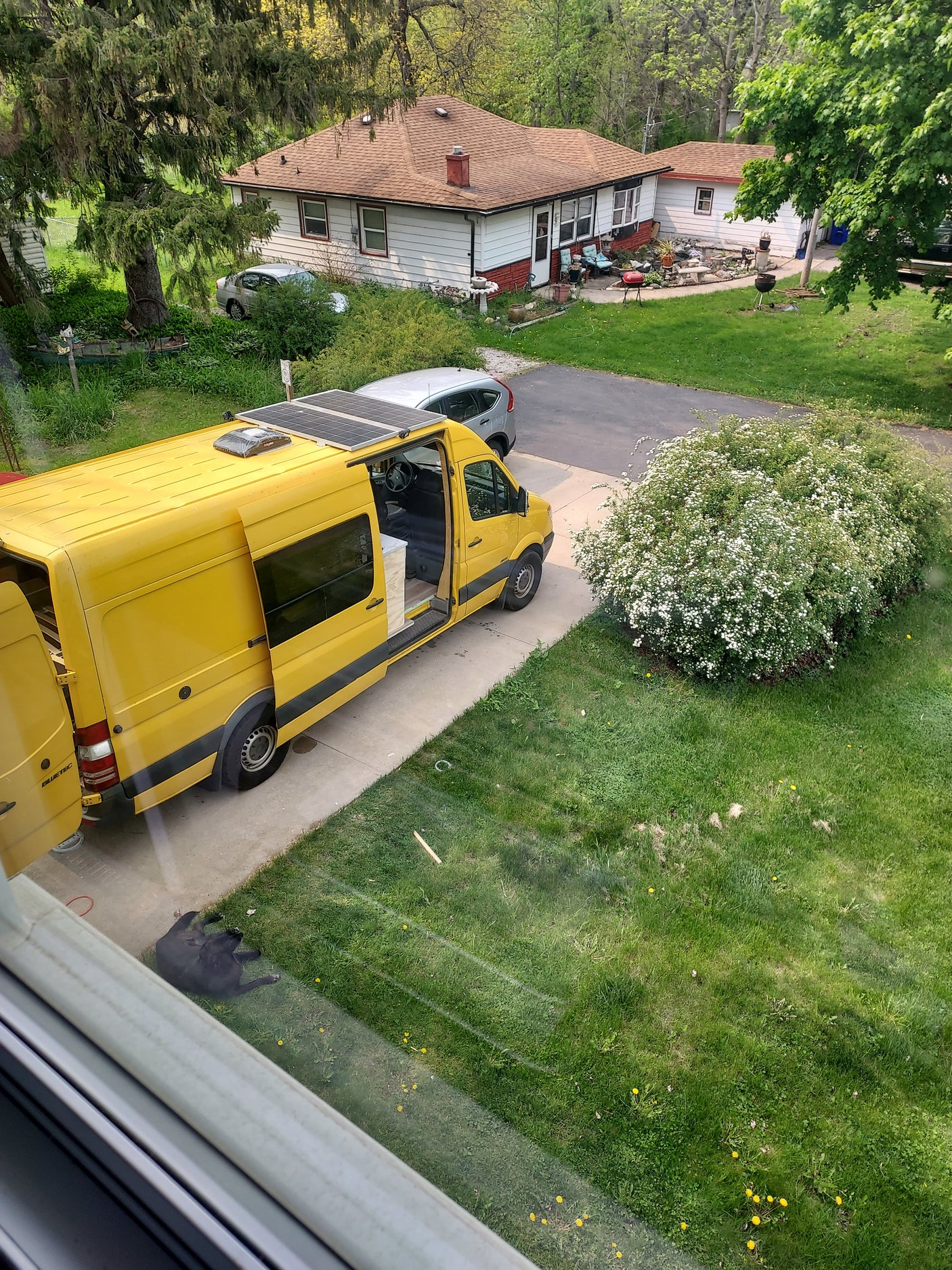 Overhead view of a bright yellow camper van with solar panels on a driveway, a house and black dog nearby. RV rental ready!