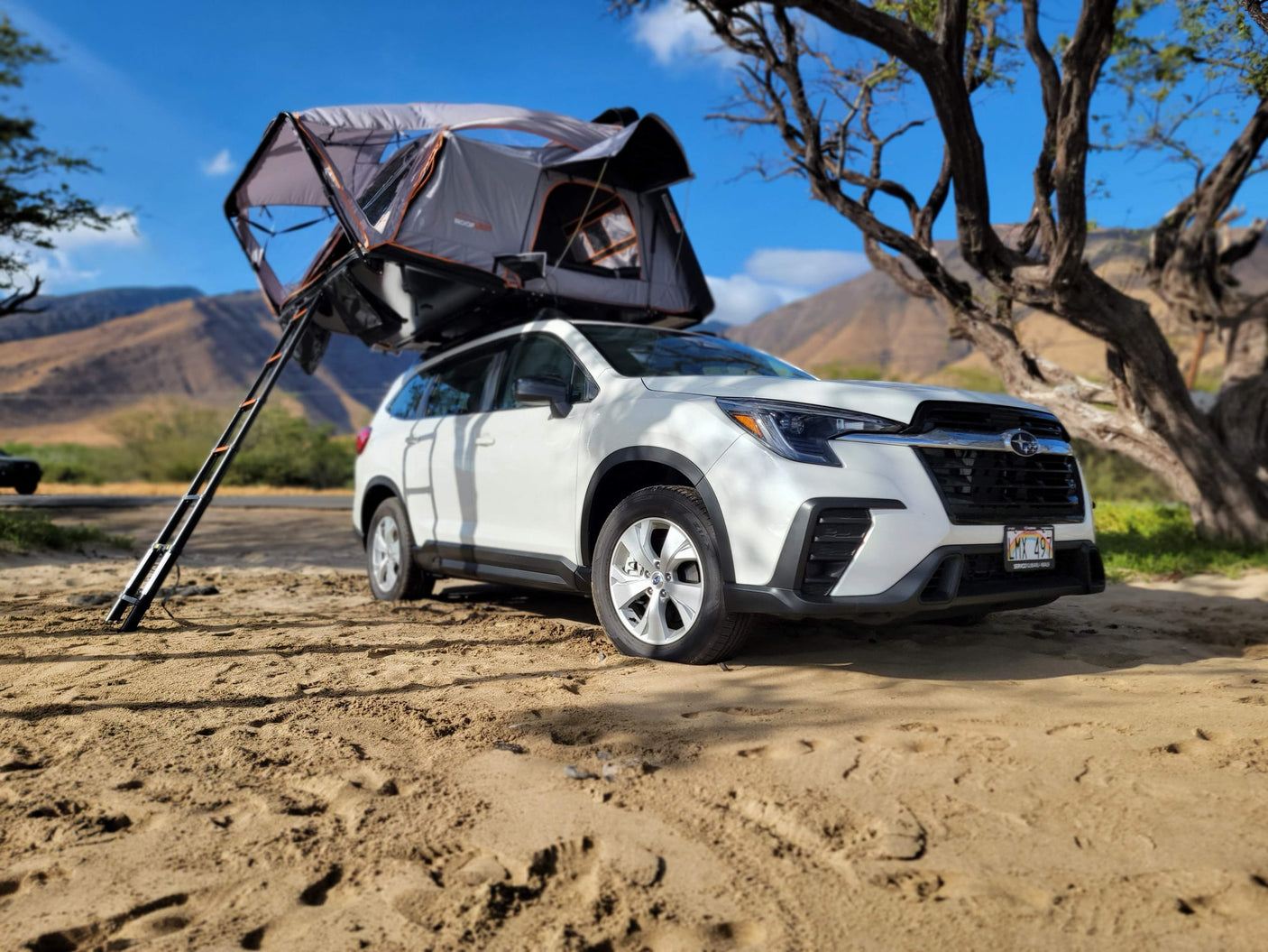 This white Subaru with a rooftop tent