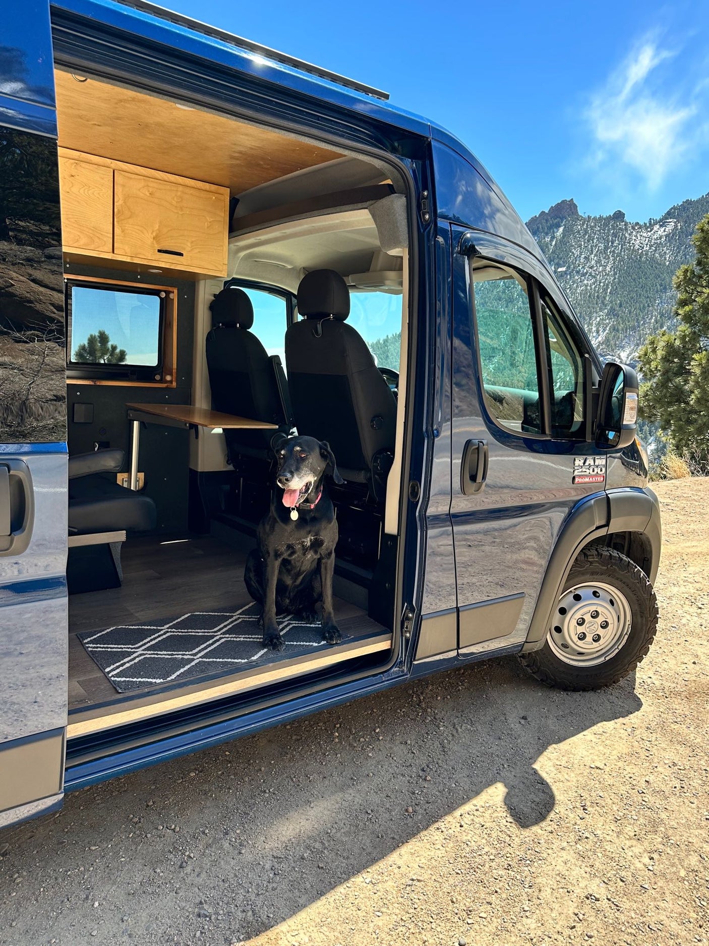 Adventure-ready RV rental! This custom blue camper van, with its door open, reveals a happy dog inside & mountain views.