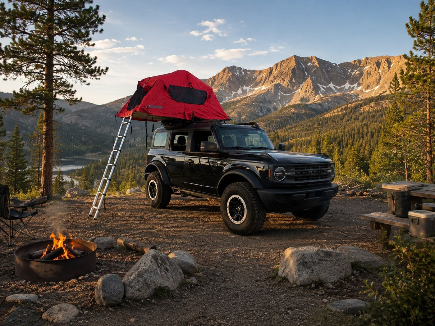 Black SUV with red rooftop tent and ladder — photo 1