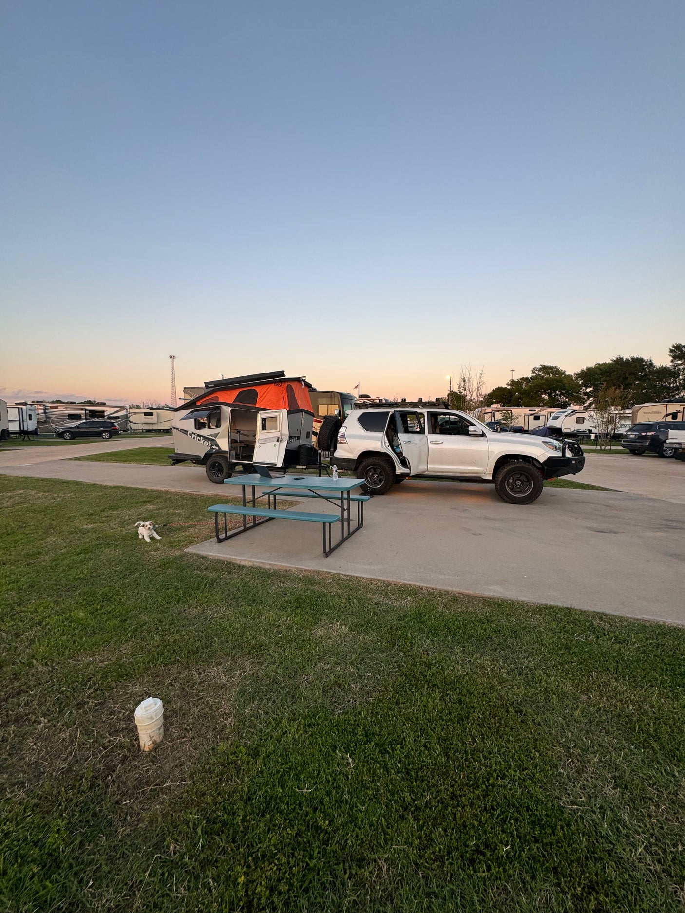 Modern overland setup with SUV & Cricket trailer at an RV park, picnic table, and dog. Ideal for your next rv rental getaway.