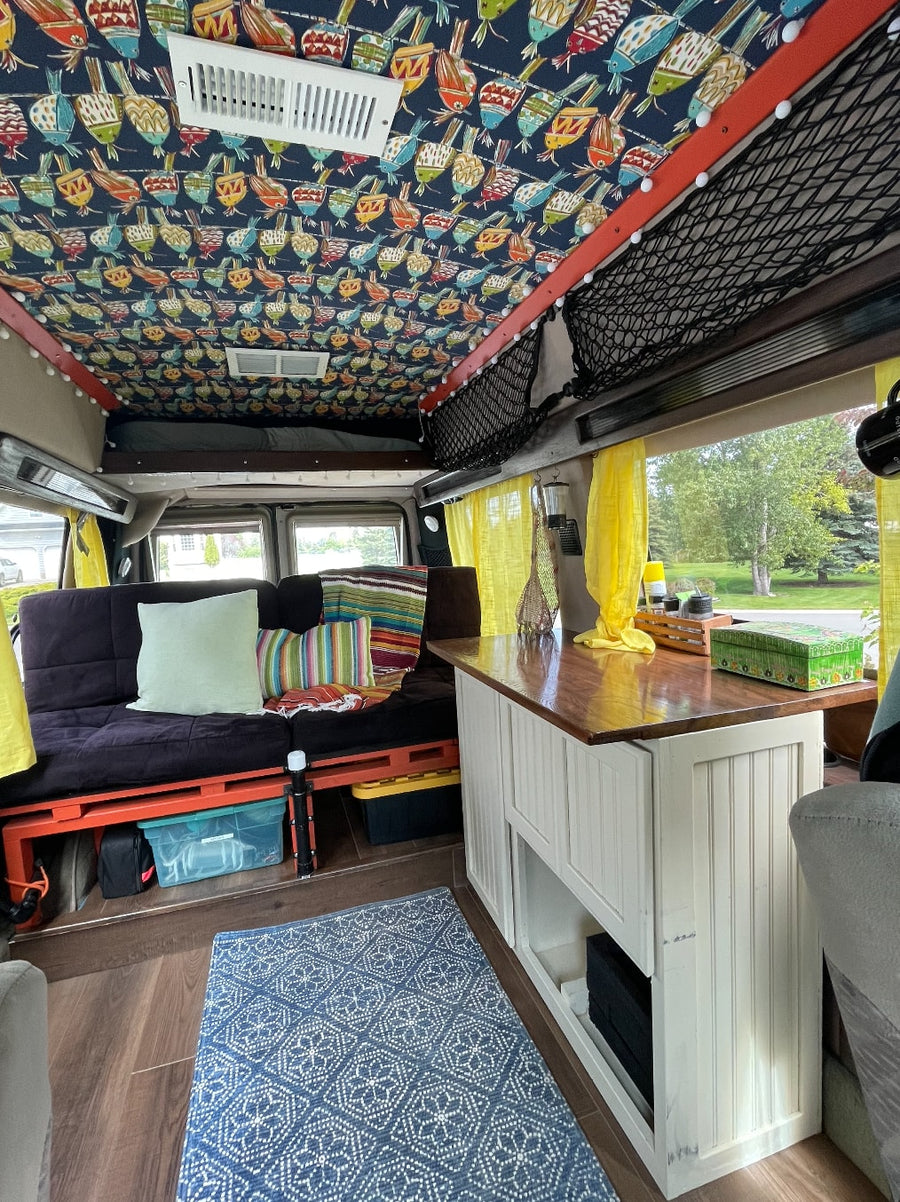 RV rental: Inside a cozy camper van featuring a vibrant bird-patterned ceiling