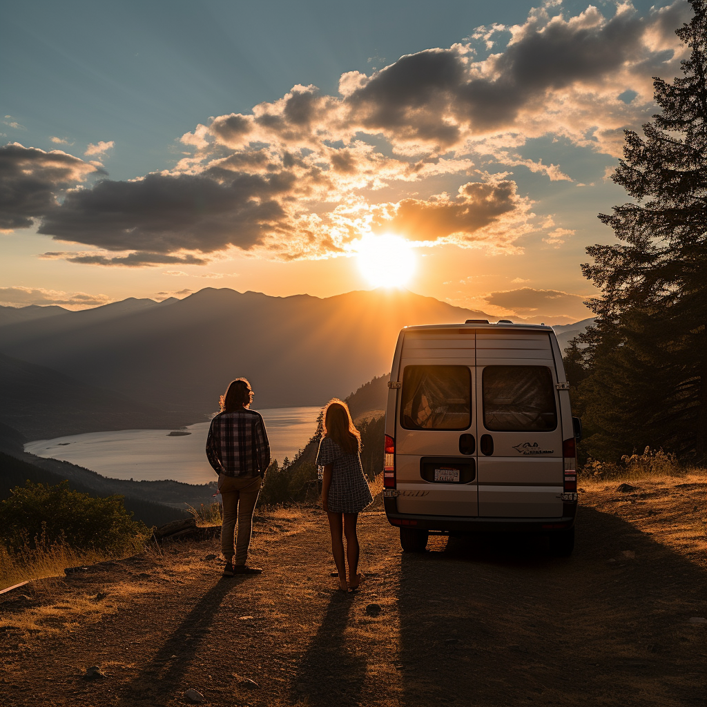 A couple watches a vibrant sunset over mountains & a lake, parked beside their RV rental van. Idyllic nature view.