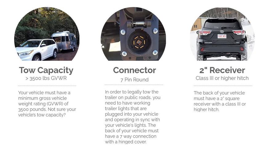 Planning an RV rental? Ensure your vehicle meets these towing requirements: >3500 lbs GVWR, 7-pin connector, and 2" hitch receiver.