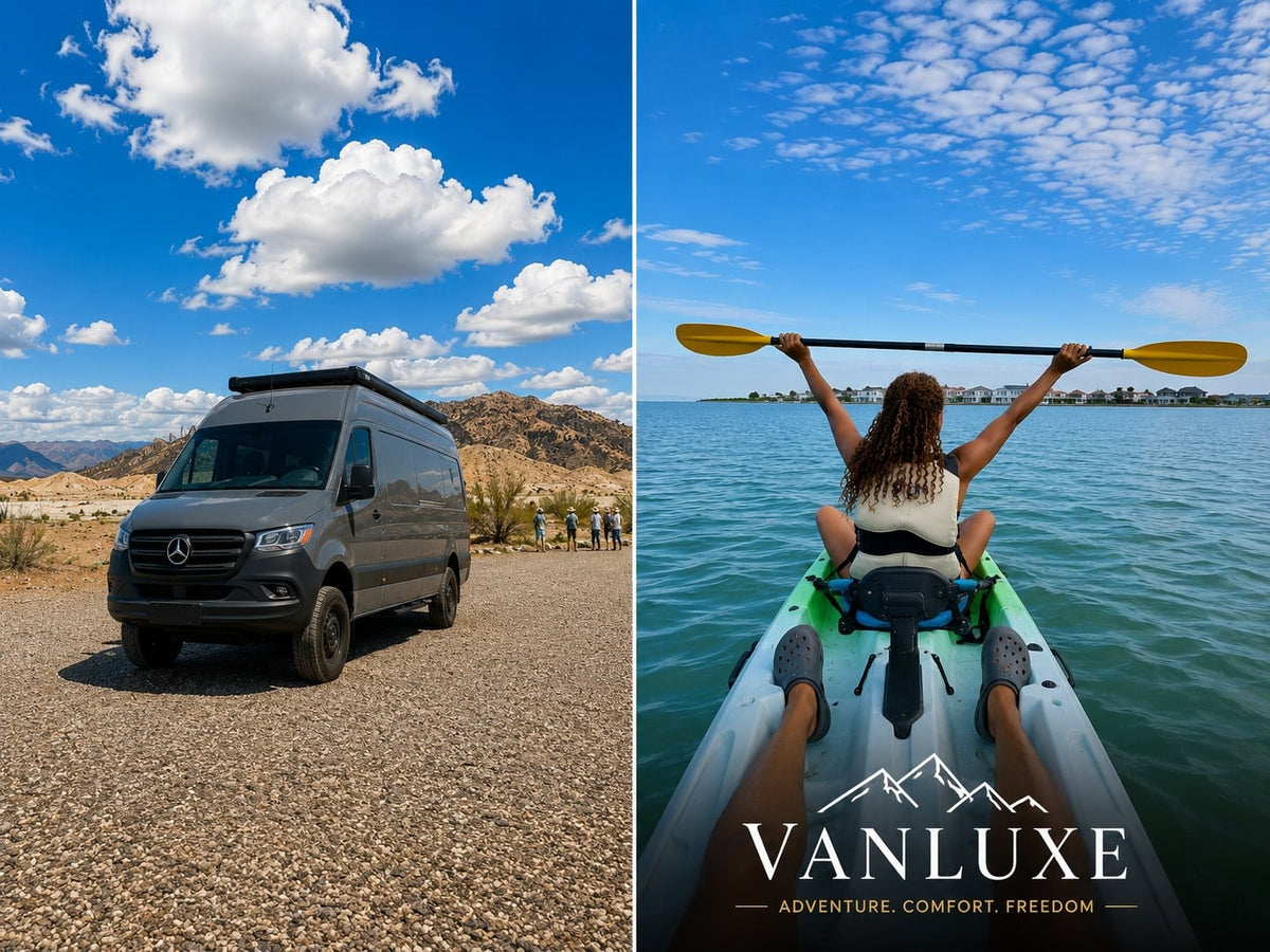 is parked by the ocean at sunset with many birds in the sky.|Explore in comfort! This modern RV rental features a cozy bed — photo 5